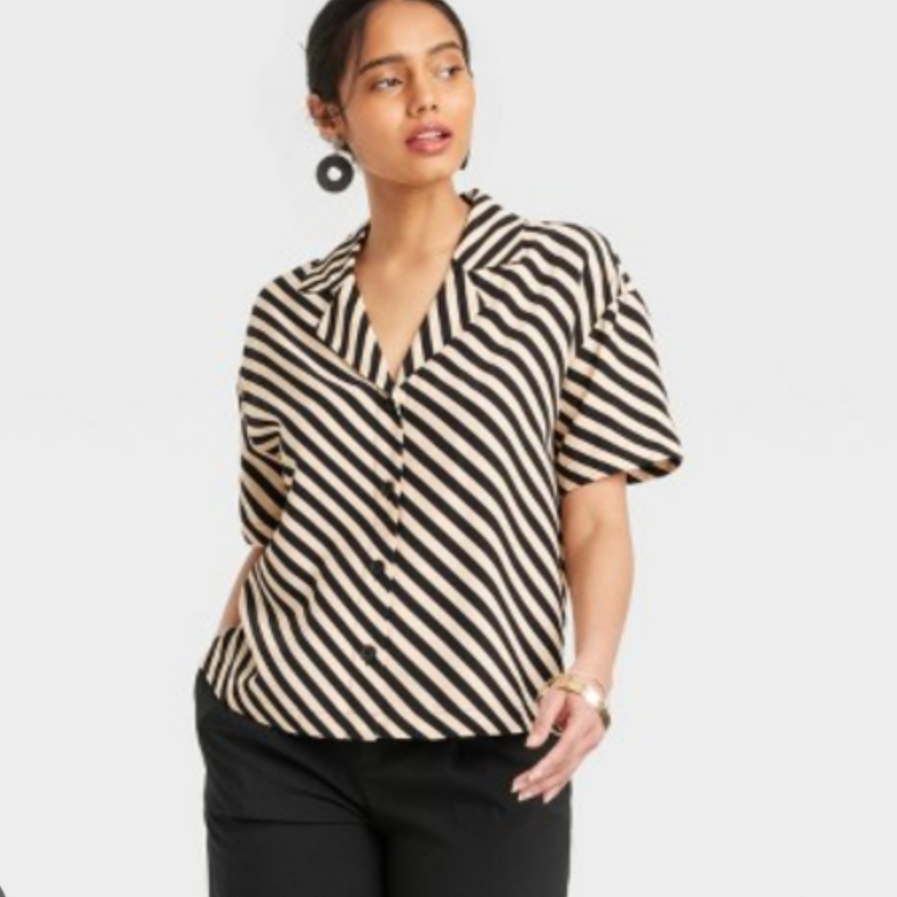 3/$25 A New Day Size M Striped Black and Tan Button Down Top